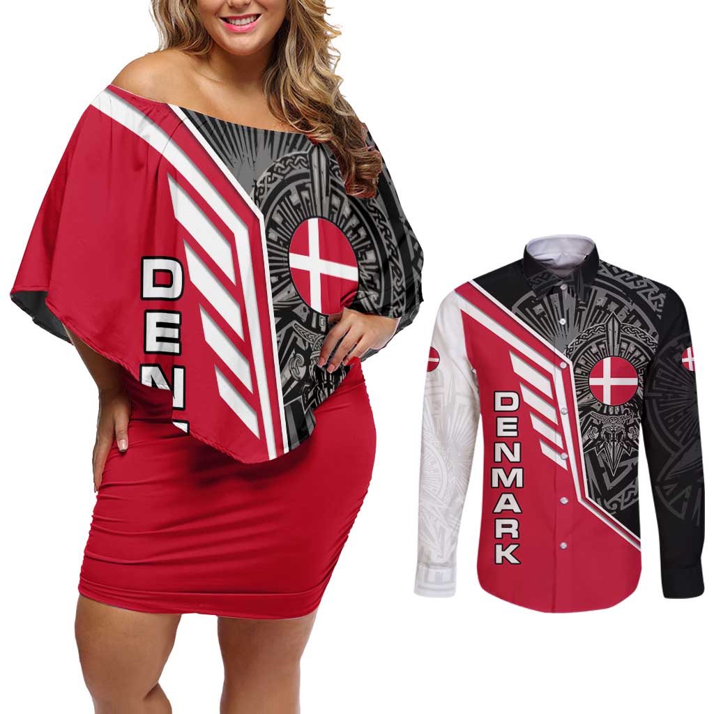 Denmark Flag Couples Matching Off Shoulder Short Dress and Long Sleeve Button Shirt with Viking Rune Pattern and Nordic Crest Design - Wonder Print Shop