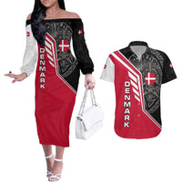 Denmark Flag Couples Matching Off The Shoulder Long Sleeve Dress and Hawaiian Shirt with Viking Rune Pattern and Nordic Crest Design - Wonder Print Shop