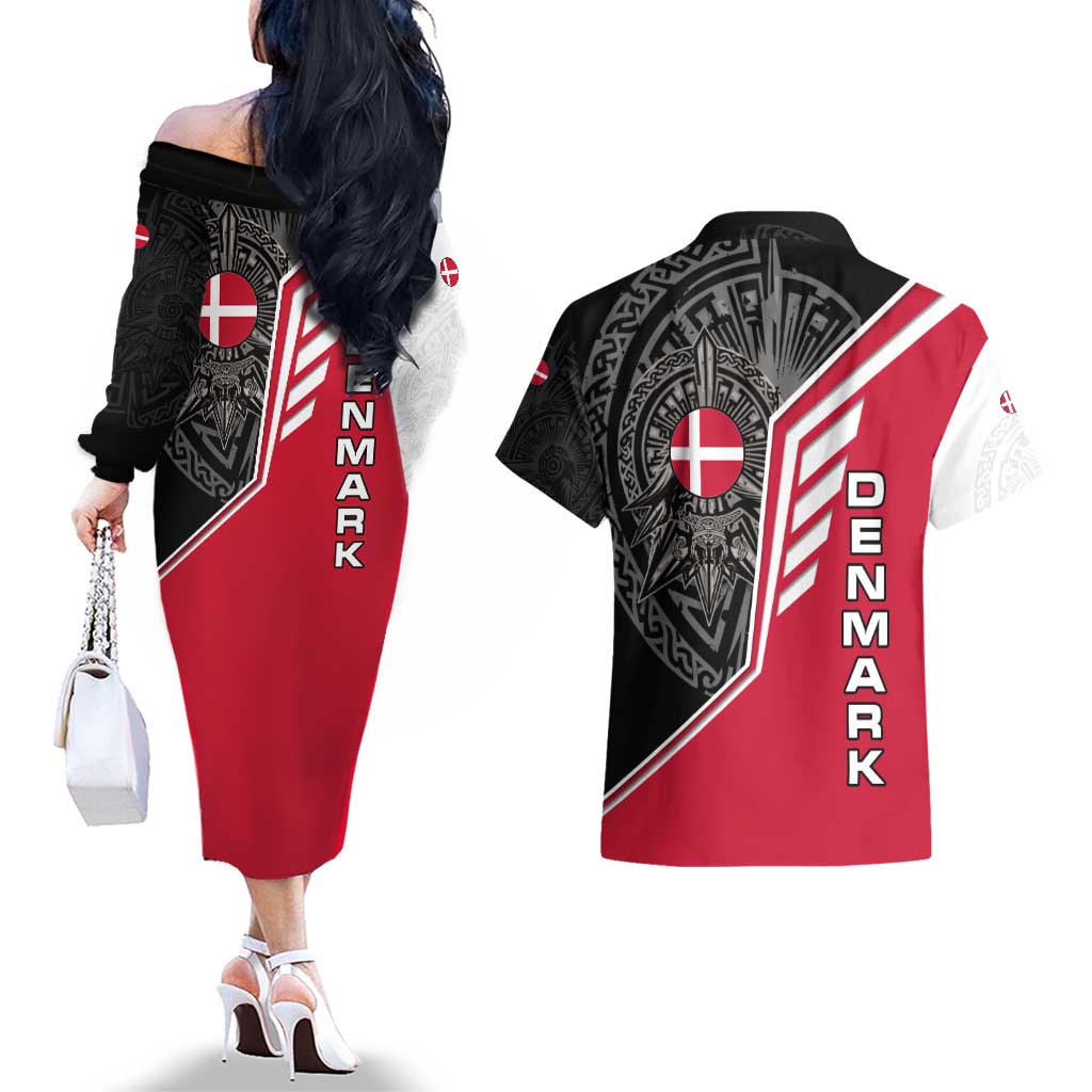Denmark Flag Couples Matching Off The Shoulder Long Sleeve Dress and Hawaiian Shirt with Viking Rune Pattern and Nordic Crest Design - Wonder Print Shop