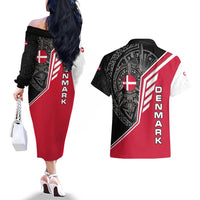 Denmark Flag Couples Matching Off The Shoulder Long Sleeve Dress and Hawaiian Shirt with Viking Rune Pattern and Nordic Crest Design - Wonder Print Shop
