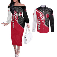 Denmark Flag Couples Matching Off The Shoulder Long Sleeve Dress and Long Sleeve Button Shirt with Viking Rune Pattern and Nordic Crest Design - Wonder Print Shop