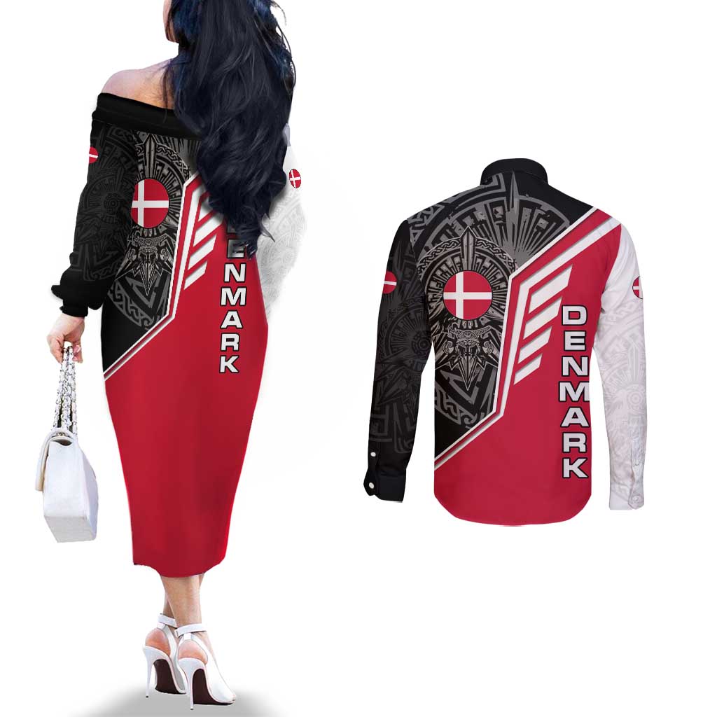Denmark Flag Couples Matching Off The Shoulder Long Sleeve Dress and Long Sleeve Button Shirt with Viking Rune Pattern and Nordic Crest Design - Wonder Print Shop