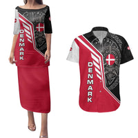 Denmark Flag Couples Matching Puletasi and Hawaiian Shirt with Viking Rune Pattern and Nordic Crest Design - Wonder Print Shop