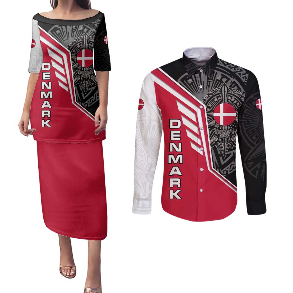Denmark Flag Couples Matching Puletasi and Long Sleeve Button Shirt with Viking Rune Pattern and Nordic Crest Design - Wonder Print Shop
