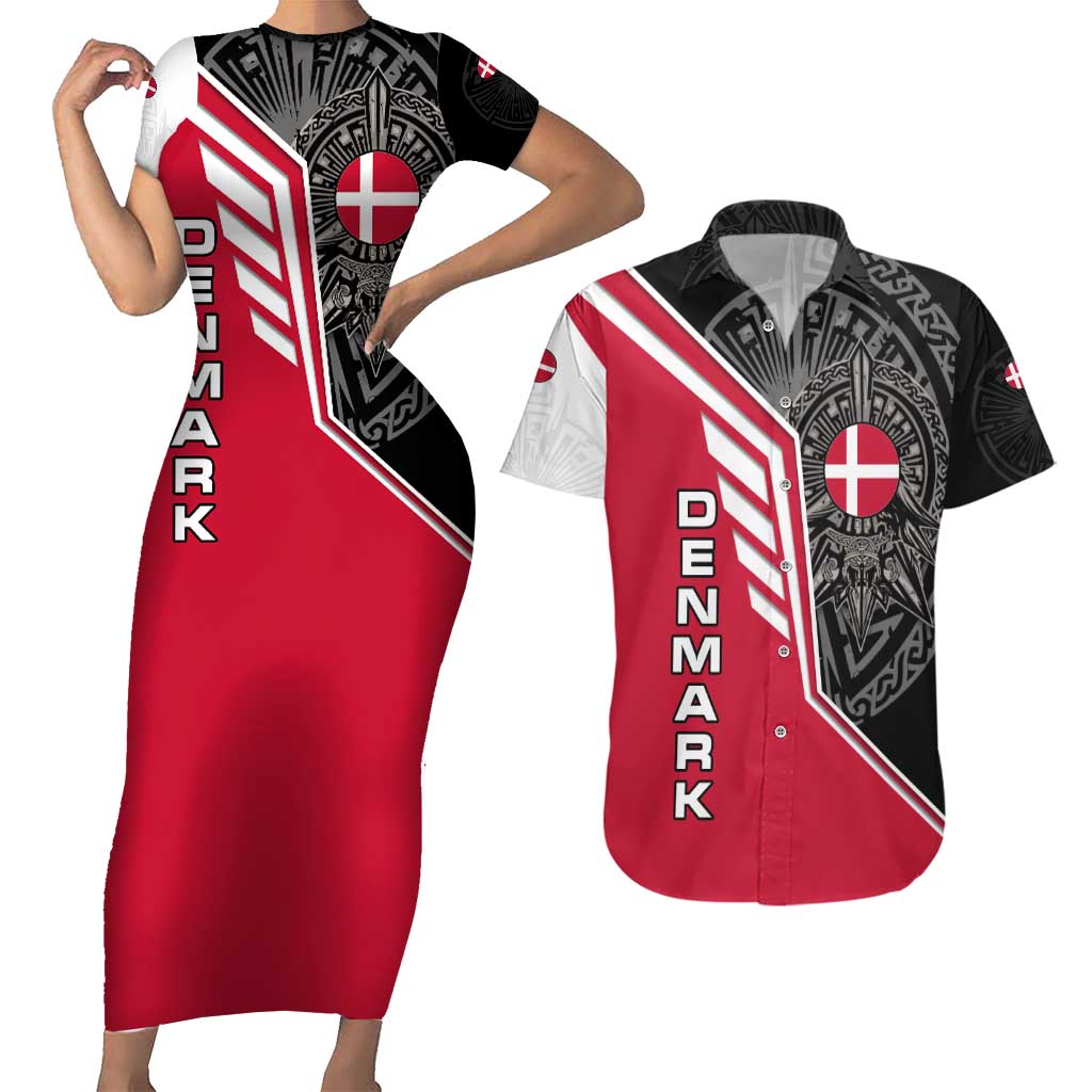 Denmark Flag Couples Matching Short Sleeve Bodycon Dress and Hawaiian Shirt with Viking Rune Pattern and Nordic Crest Design - Wonder Print Shop
