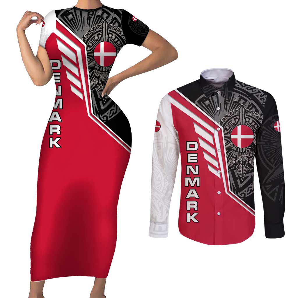 Denmark Flag Couples Matching Short Sleeve Bodycon Dress and Long Sleeve Button Shirt with Viking Rune Pattern and Nordic Crest Design - Wonder Print Shop