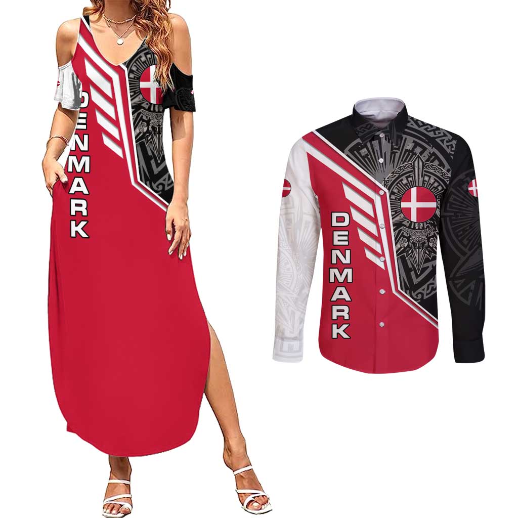 Denmark Flag Couples Matching Summer Maxi Dress and Long Sleeve Button Shirt with Viking Rune Pattern and Nordic Crest Design - Wonder Print Shop