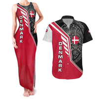 Denmark Flag Couples Matching Tank Maxi Dress and Hawaiian Shirt with Viking Rune Pattern and Nordic Crest Design - Wonder Print Shop