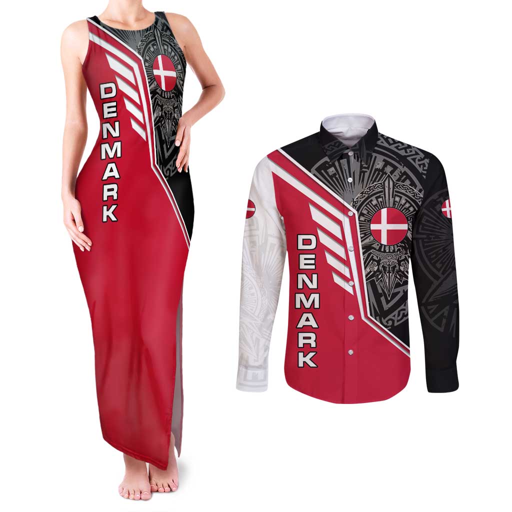 Denmark Flag Couples Matching Tank Maxi Dress and Long Sleeve Button Shirt with Viking Rune Pattern and Nordic Crest Design - Wonder Print Shop