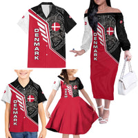 Denmark Flag Family Matching Off The Shoulder Long Sleeve Dress and Hawaiian Shirt with Viking Rune Pattern and Nordic Crest Design - Wonder Print Shop