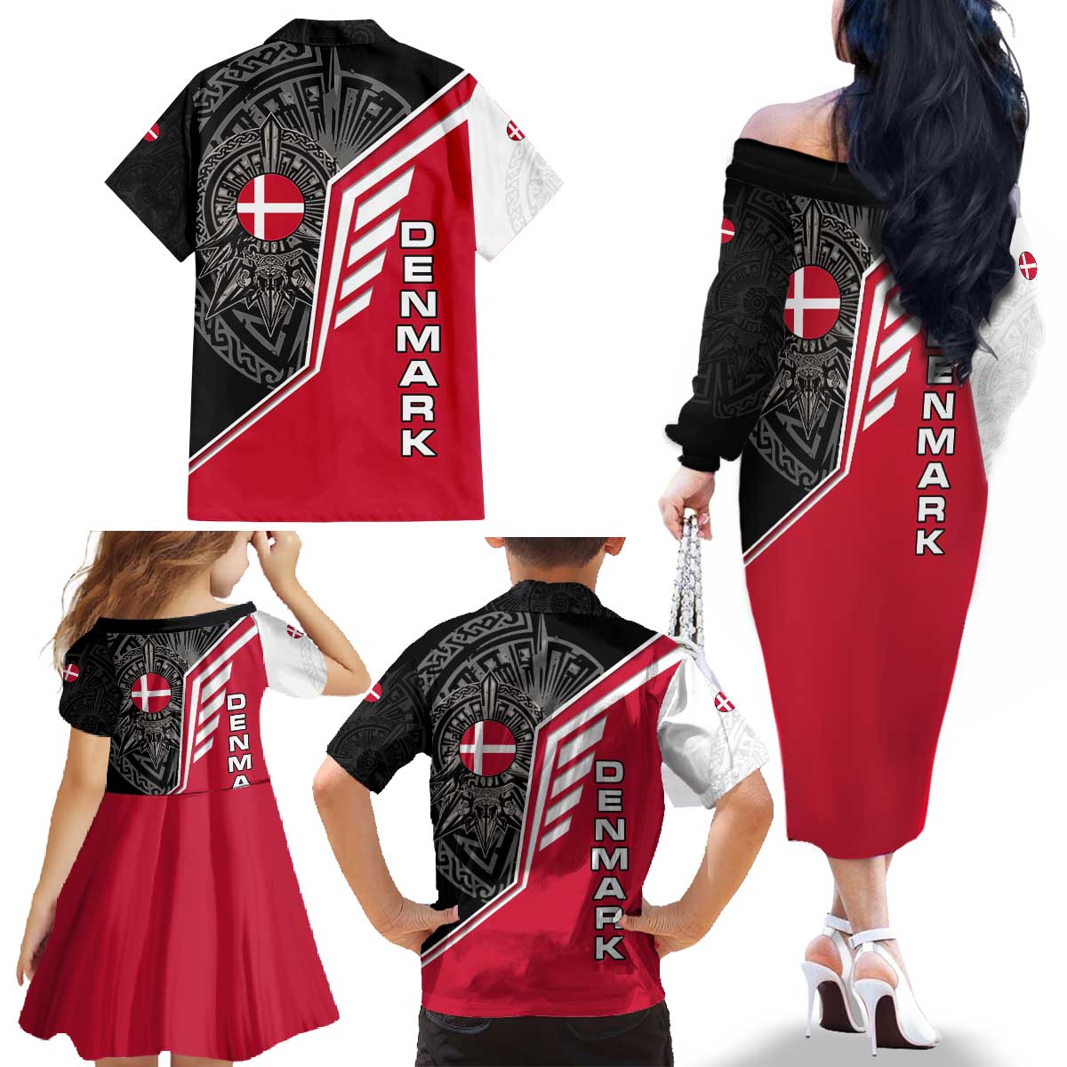 Denmark Flag Family Matching Off The Shoulder Long Sleeve Dress and Hawaiian Shirt with Viking Rune Pattern and Nordic Crest Design - Wonder Print Shop
