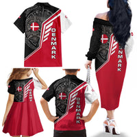 Denmark Flag Family Matching Off The Shoulder Long Sleeve Dress and Hawaiian Shirt with Viking Rune Pattern and Nordic Crest Design - Wonder Print Shop