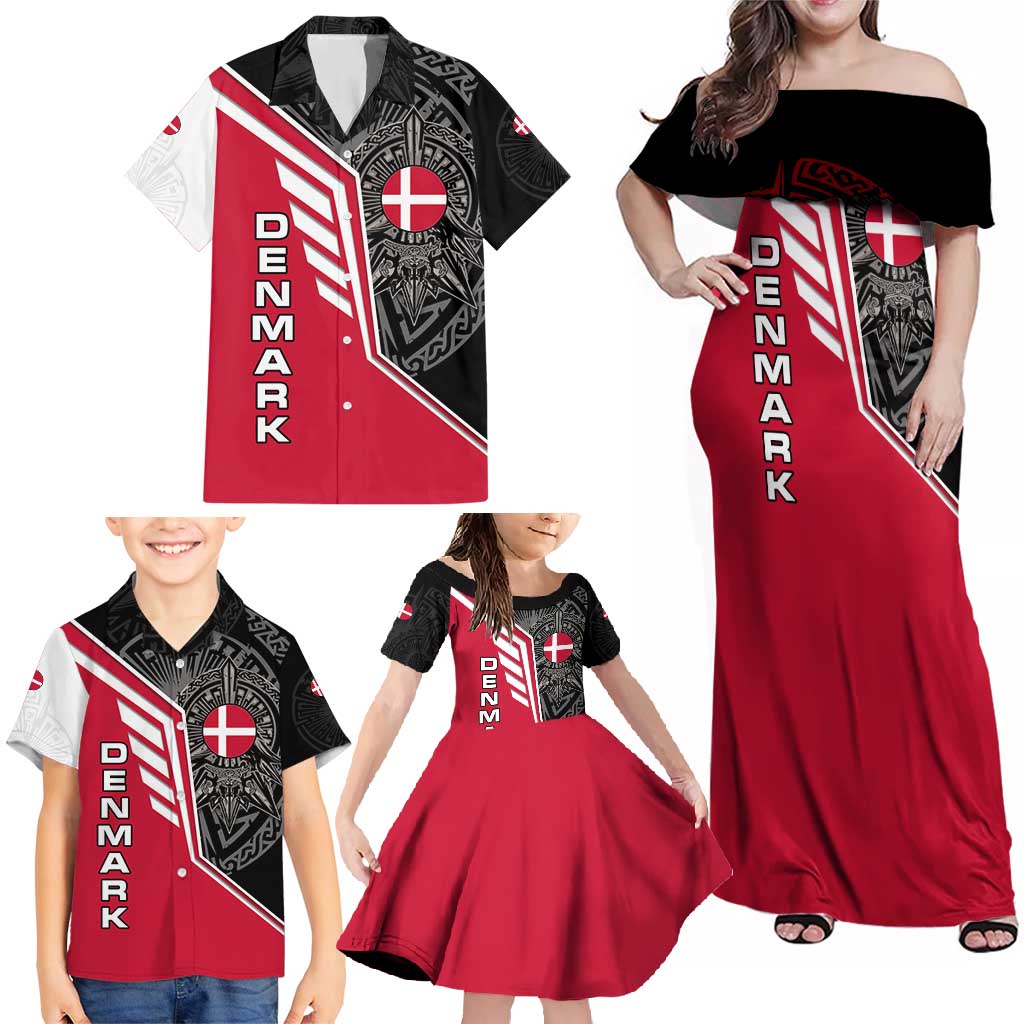 Denmark Flag Family Matching Off Shoulder Maxi Dress and Hawaiian Shirt with Viking Rune Pattern and Nordic Crest Design - Wonder Print Shop