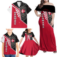 Denmark Flag Family Matching Off Shoulder Maxi Dress and Hawaiian Shirt with Viking Rune Pattern and Nordic Crest Design - Wonder Print Shop