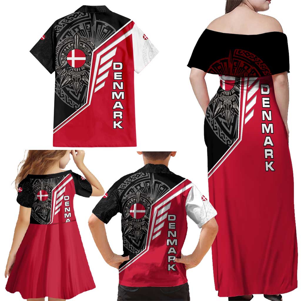 Denmark Flag Family Matching Off Shoulder Maxi Dress and Hawaiian Shirt with Viking Rune Pattern and Nordic Crest Design - Wonder Print Shop