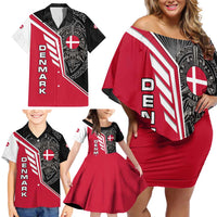 Denmark Flag Family Matching Off Shoulder Short Dress and Hawaiian Shirt with Viking Rune Pattern and Nordic Crest Design - Wonder Print Shop