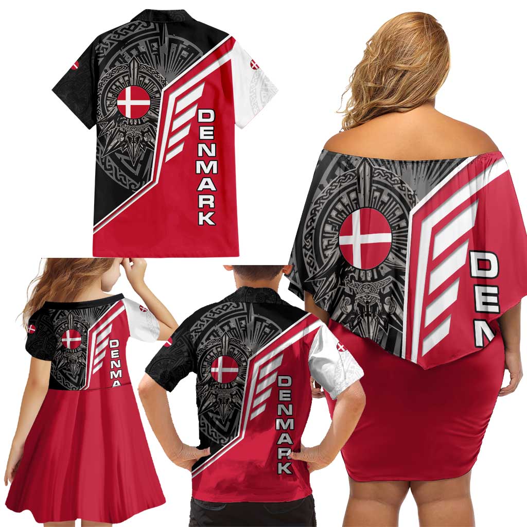 Denmark Flag Family Matching Off Shoulder Short Dress and Hawaiian Shirt with Viking Rune Pattern and Nordic Crest Design - Wonder Print Shop