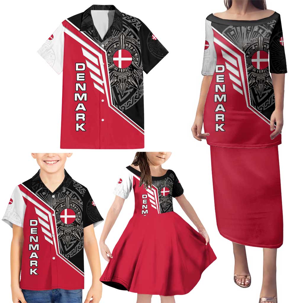 Denmark Flag Family Matching Puletasi and Hawaiian Shirt with Viking Rune Pattern and Nordic Crest Design - Wonder Print Shop