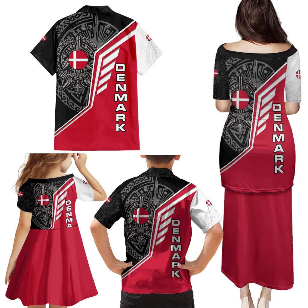Denmark Flag Family Matching Puletasi and Hawaiian Shirt with Viking Rune Pattern and Nordic Crest Design - Wonder Print Shop