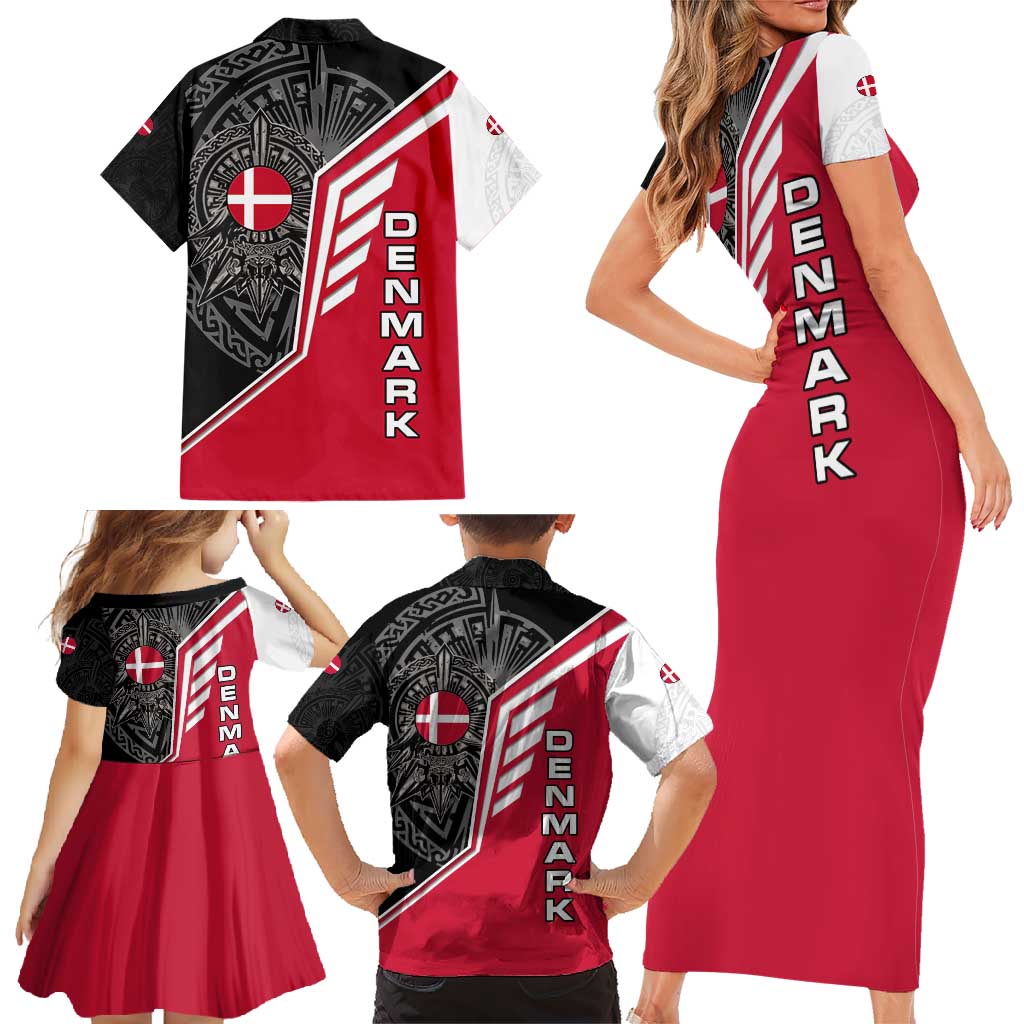 Denmark Flag Family Matching Short Sleeve Bodycon Dress and Hawaiian Shirt with Viking Rune Pattern and Nordic Crest Design - Wonder Print Shop