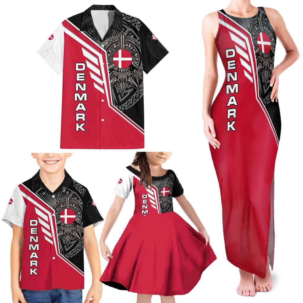 Denmark Flag Family Matching Tank Maxi Dress and Hawaiian Shirt with Viking Rune Pattern and Nordic Crest Design - Wonder Print Shop
