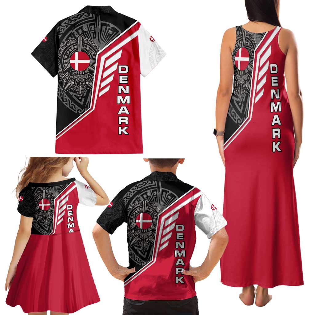 Denmark Flag Family Matching Tank Maxi Dress and Hawaiian Shirt with Viking Rune Pattern and Nordic Crest Design - Wonder Print Shop
