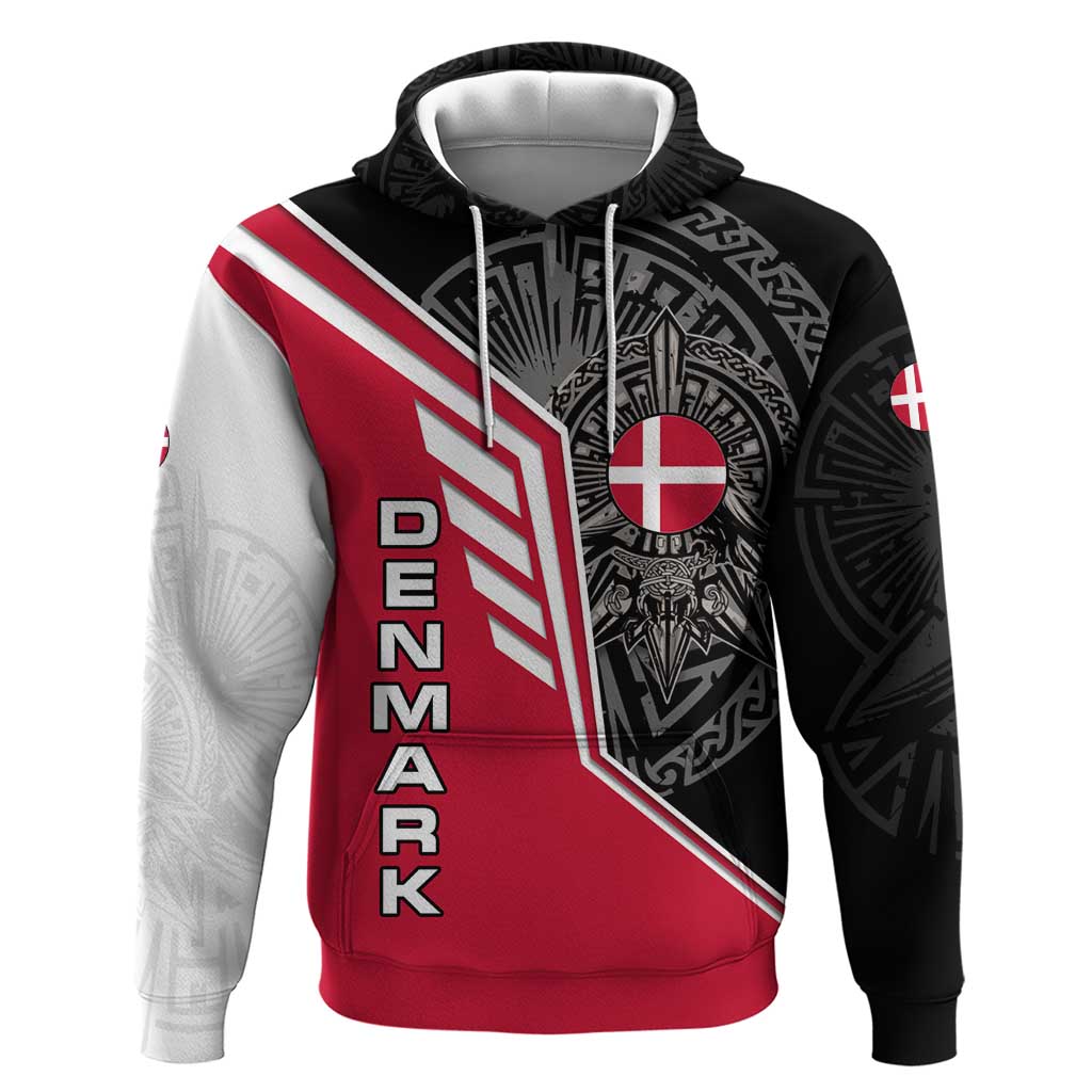 Denmark Flag Hoodie with Viking Rune Pattern and Nordic Crest Design - Wonder Print Shop
