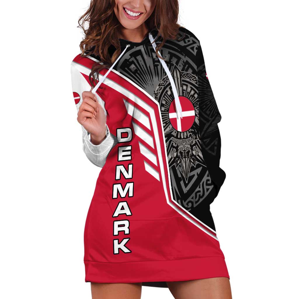 Denmark Flag Hoodie Dress with Viking Rune Pattern and Nordic Crest Design - Wonder Print Shop