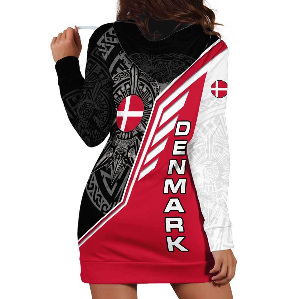 Denmark Flag Hoodie Dress with Viking Rune Pattern and Nordic Crest Design - Wonder Print Shop