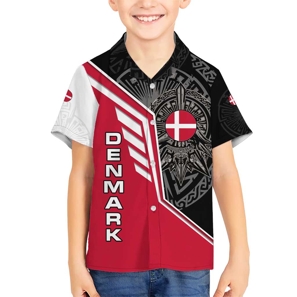 Denmark Flag Kid Hawaiian Shirt with Viking Rune Pattern and Nordic Crest Design - Wonder Print Shop