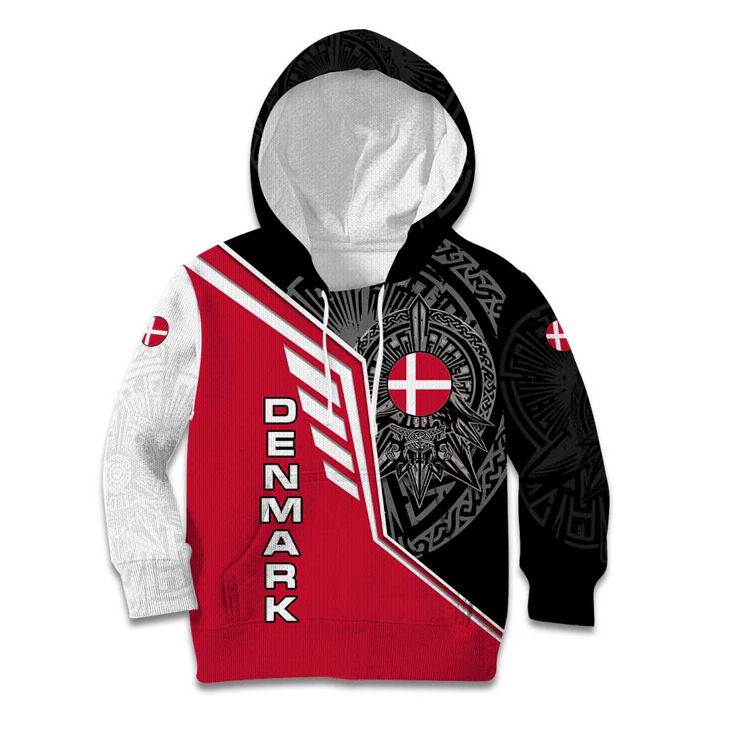 Denmark Flag Kid Hoodie with Viking Rune Pattern and Nordic Crest Design - Wonder Print Shop
