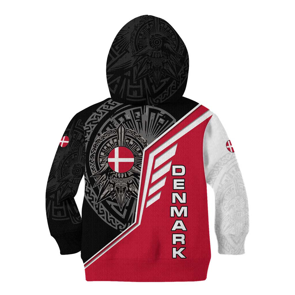 Denmark Flag Kid Hoodie with Viking Rune Pattern and Nordic Crest Design - Wonder Print Shop