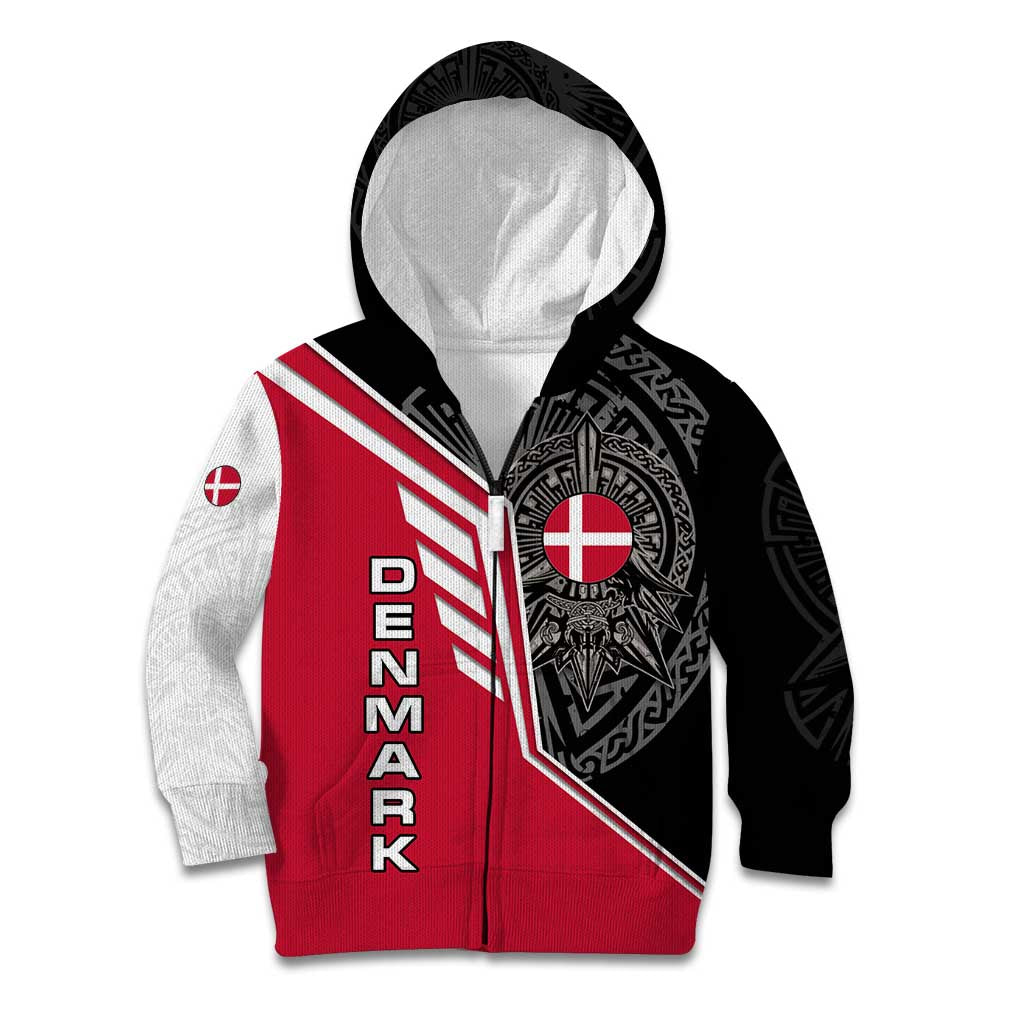 Denmark Flag Kid Hoodie with Viking Rune Pattern and Nordic Crest Design - Wonder Print Shop