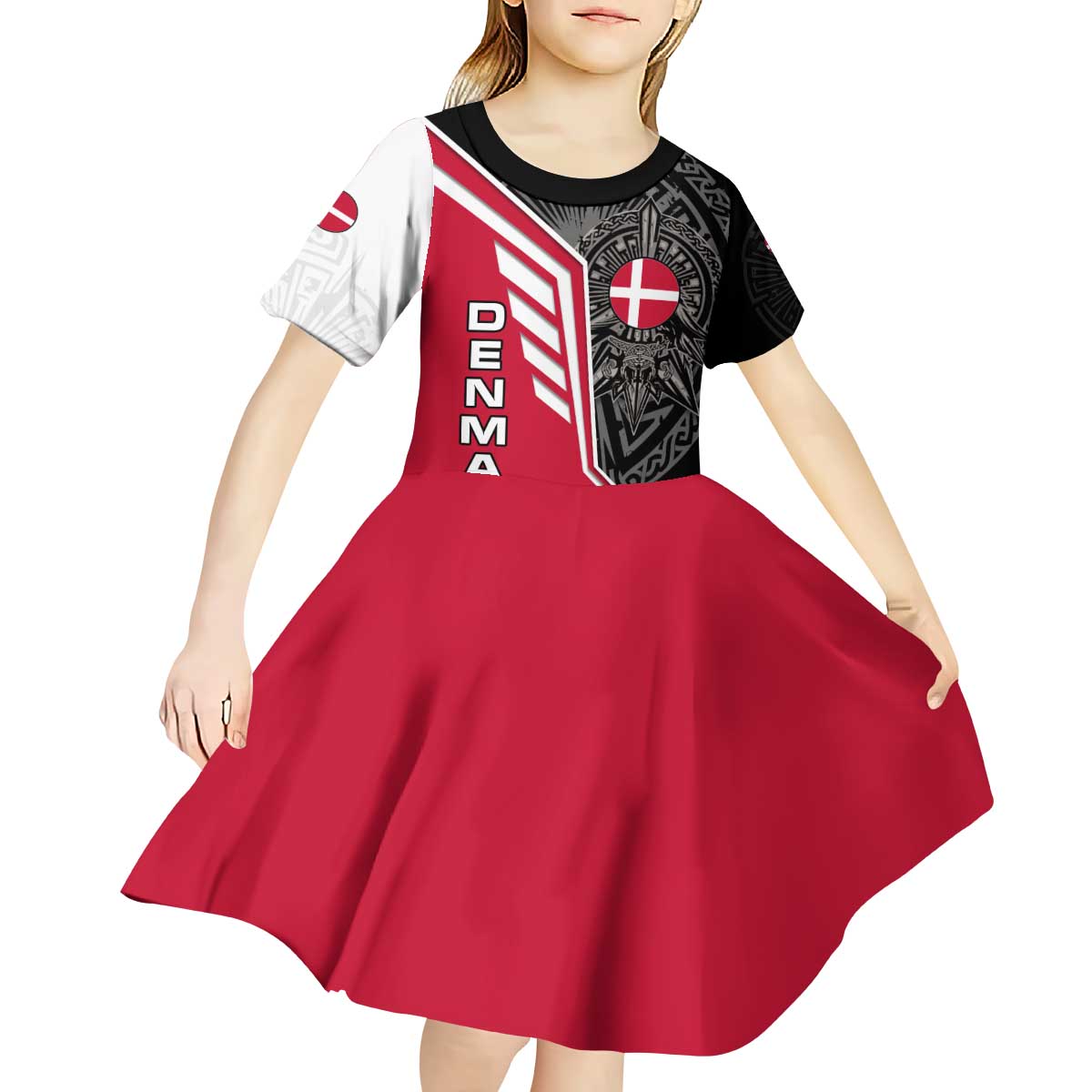 Denmark Flag Kid Short Sleeve Dress with Viking Rune Pattern and Nordic Crest Design - Wonder Print Shop