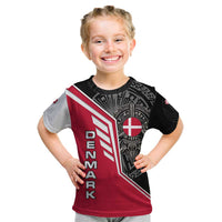 Denmark Flag Kid T Shirt with Viking Rune Pattern and Nordic Crest Design - Wonder Print Shop