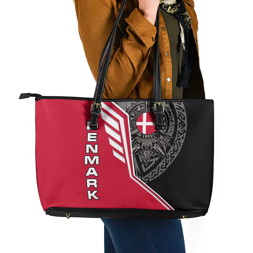 Denmark Flag Leather Tote Bag with Viking Rune Pattern and Nordic Crest Design - Wonder Print Shop