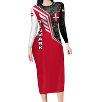 Denmark Flag Long Sleeve Bodycon Dress with Viking Rune Pattern and Nordic Crest Design - Wonder Print Shop