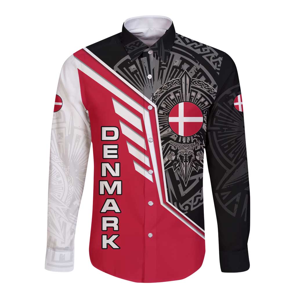 Denmark Flag Long Sleeve Button Shirt with Viking Rune Pattern and Nordic Crest Design - Wonder Print Shop