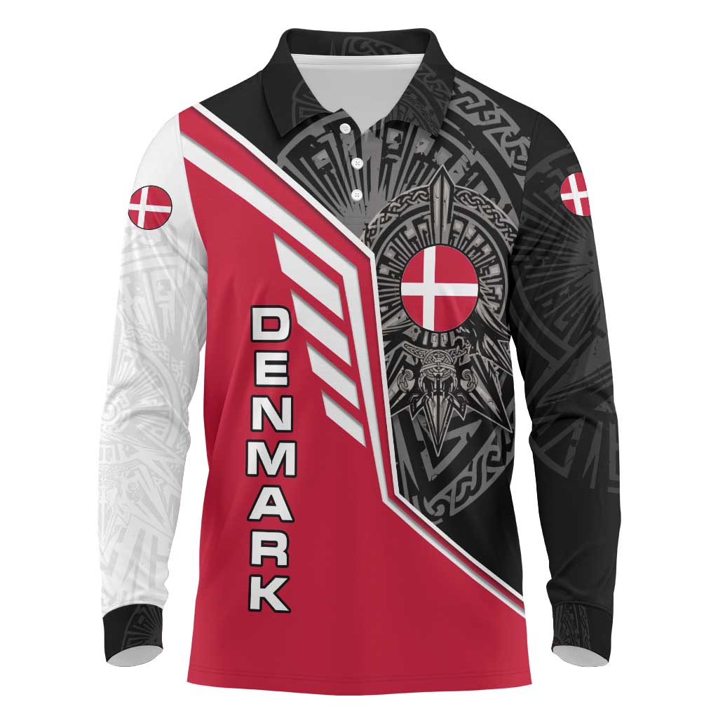 Denmark Flag Long Sleeve Polo Shirt with Viking Rune Pattern and Nordic Crest Design - Wonder Print Shop
