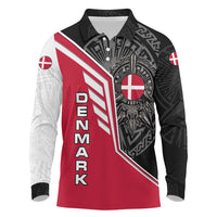 Denmark Flag Long Sleeve Polo Shirt with Viking Rune Pattern and Nordic Crest Design - Wonder Print Shop
