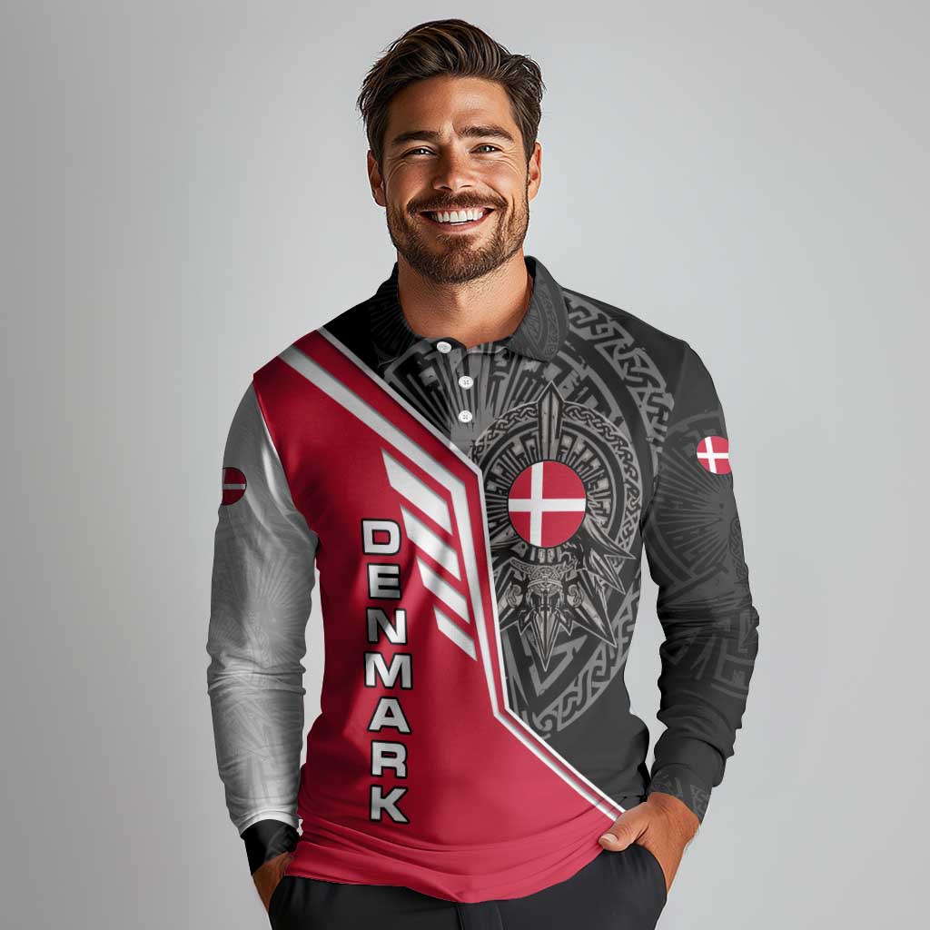 Denmark Flag Long Sleeve Polo Shirt with Viking Rune Pattern and Nordic Crest Design - Wonder Print Shop