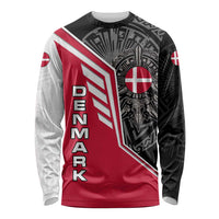 Denmark Flag Long Sleeve Shirt with Viking Rune Pattern and Nordic Crest Design - Wonder Print Shop