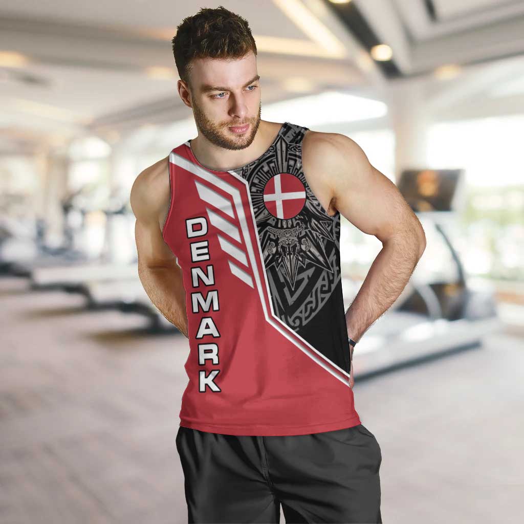 Denmark Flag Men Tank Top with Viking Rune Pattern and Nordic Crest Design - Wonder Print Shop