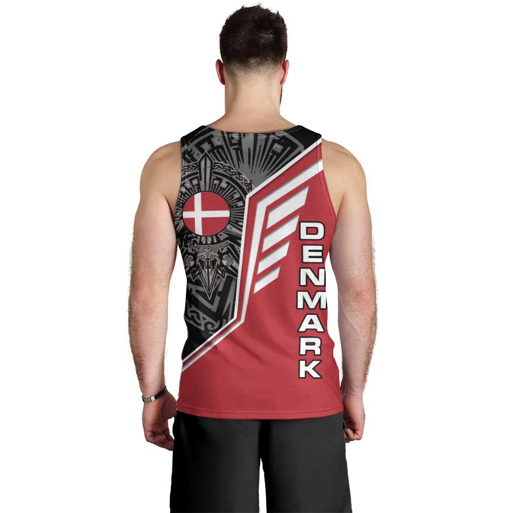 Denmark Flag Men Tank Top with Viking Rune Pattern and Nordic Crest Design - Wonder Print Shop