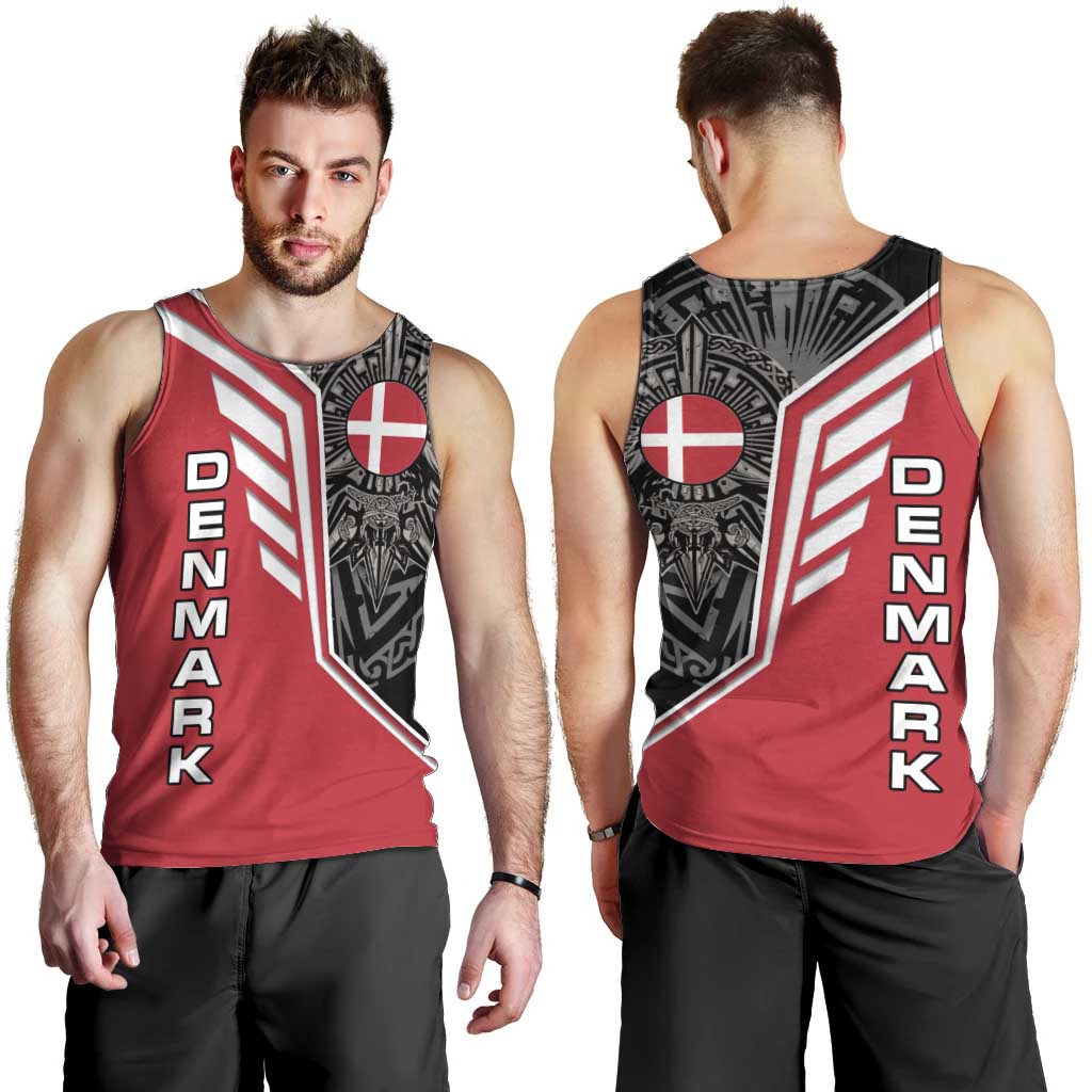 Denmark Flag Men Tank Top with Viking Rune Pattern and Nordic Crest Design - Wonder Print Shop