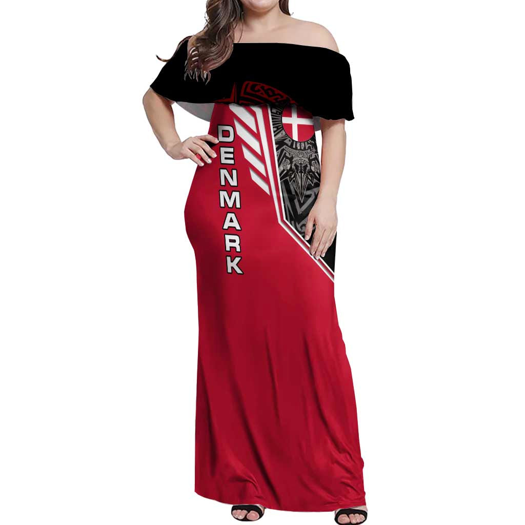 Denmark Flag Off Shoulder Maxi Dress with Viking Rune Pattern and Nordic Crest Design - Wonder Print Shop