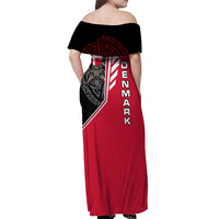 Denmark Flag Off Shoulder Maxi Dress with Viking Rune Pattern and Nordic Crest Design - Wonder Print Shop