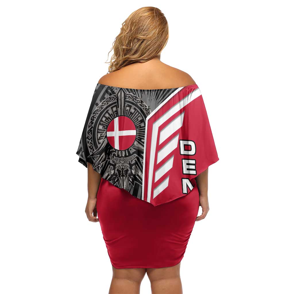 Denmark Flag Off Shoulder Short Dress with Viking Rune Pattern and Nordic Crest Design - Wonder Print Shop