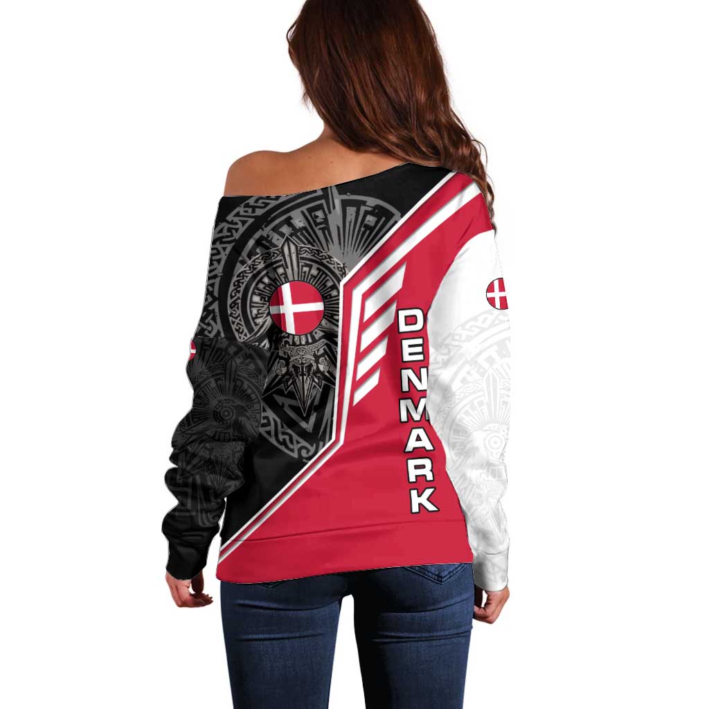 Denmark Flag Off Shoulder Sweater with Viking Rune Pattern and Nordic Crest Design - Wonder Print Shop