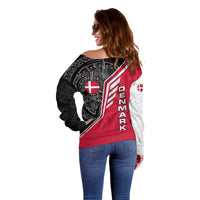 Denmark Flag Off Shoulder Sweater with Viking Rune Pattern and Nordic Crest Design - Wonder Print Shop